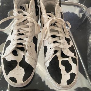 Vans high top sneakers. Hand painted cow print. Size 8